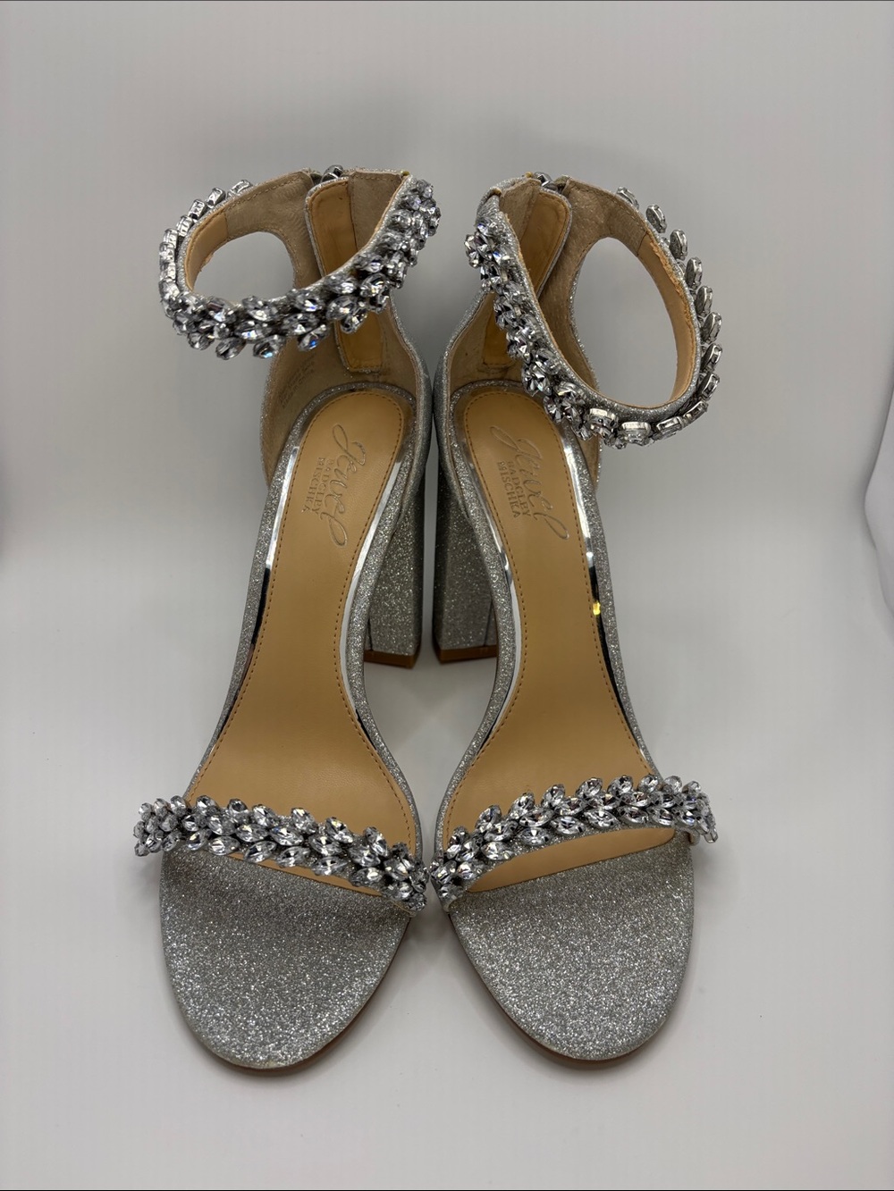 Jewel Badgley Mischka Silver Crystal Ankle-Strap Block Heels